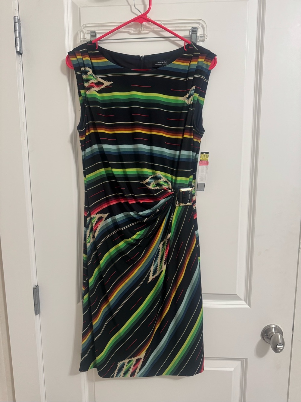 Tahari Black Multi-Stripe Twist-Front Sheath Dress